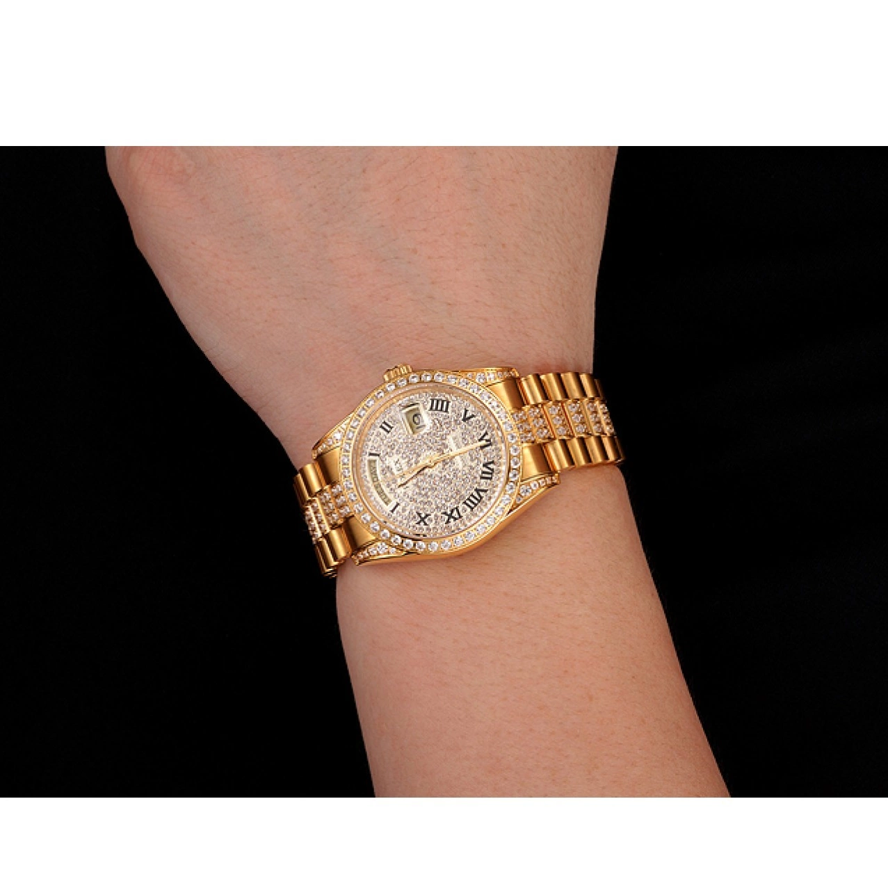 Good copy rolex watches Dial Bracelet Gold Diamond Rolex 1453956 Pave Swiss Diamond Day-Date 0814